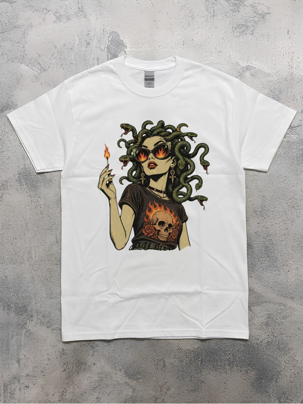 Gildan Medusa Lit Match Snake Hair Vintage Halloween Tee
